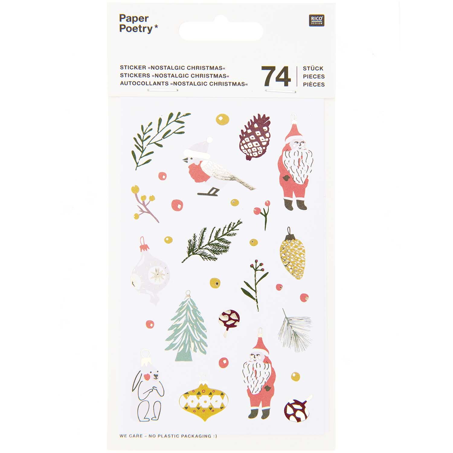 Paper Poetry Sticker Nostalgic Christmas classic mit 74 Stück. Enthält weihnachtliche Motive wie Weihnachtsmänner, Tannenbäume und Tiere in festlichen Farben.