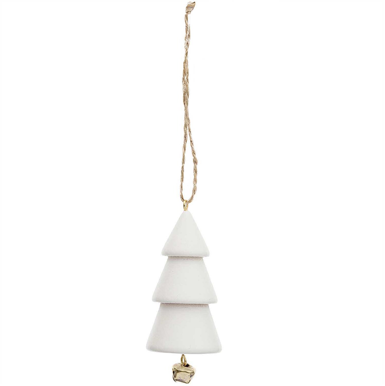 Holzhänger Tanne mit Glocke von Rico Design: Weißer Tannenbaum-Anhänger mit kleiner Glocke.