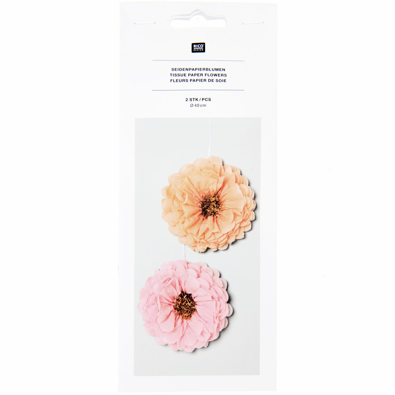 Seidenpapierblumen 40cm 2 Stück von Rico Design in Pastellfarben, zwei dekorative Blumen in zarten Tönen auf weißem Hintergrund.