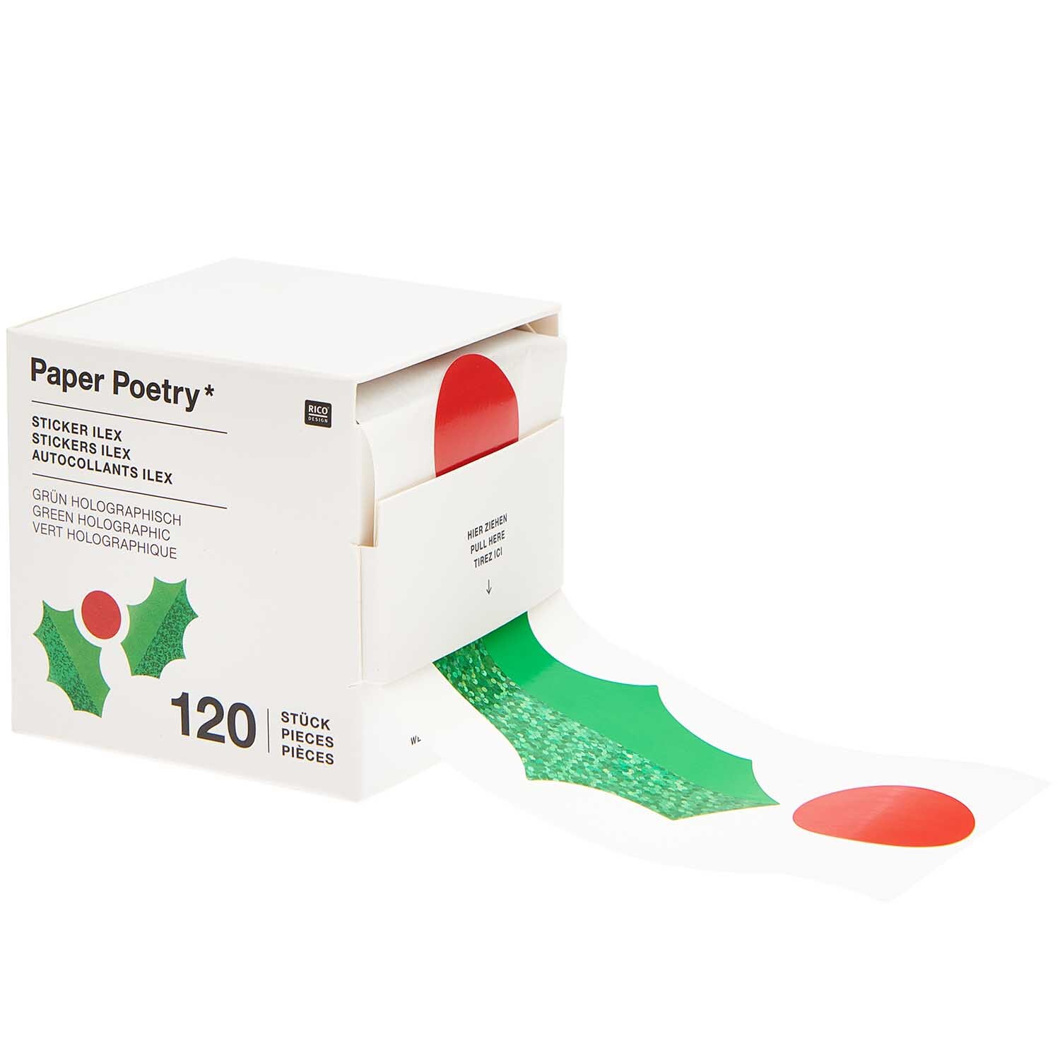 Paper Poetry Sticker Ilex 120 Stück auf der Rolle Hot Foil von Rico Design Paper Poetry Sticker Ilex: Rolle mit 120 grünen und roten Aufklebern in einer Box von Rico Design. Ideal für kreative Projekte und Dekorationen.