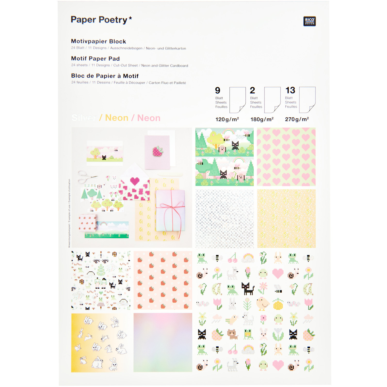 Paper Poetry Motivpapierblock Pixel Power: Bunte Designs auf 24 Blatt, ideal für kreative Projekte.