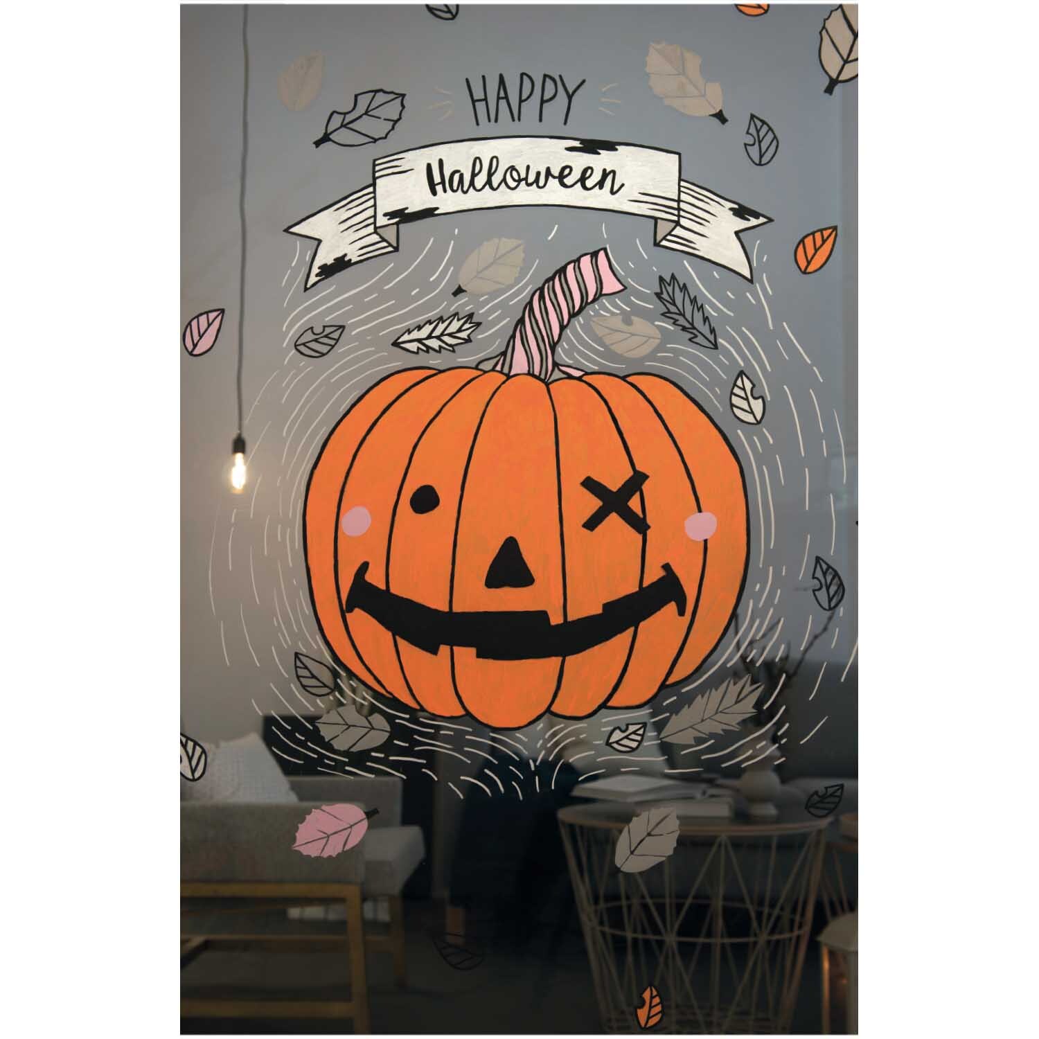 Kreidestift Flüssigkreide 3mm Farbe Elfenbein von Rico Design Kreidestift Flüssigkreide 3mm: Fröhlicher Kürbis auf Fenster gemalt, umgeben von Herbstblättern, mit "Happy Halloween"-Banner.