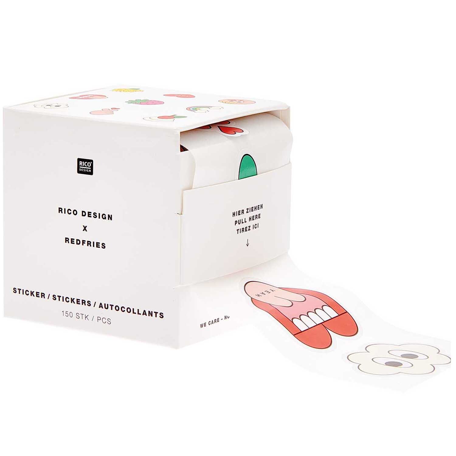 Rico Design x Redfries Sticker Eye Candy, 150 Stück auf Rolle, bunte Motive in weißer Box.