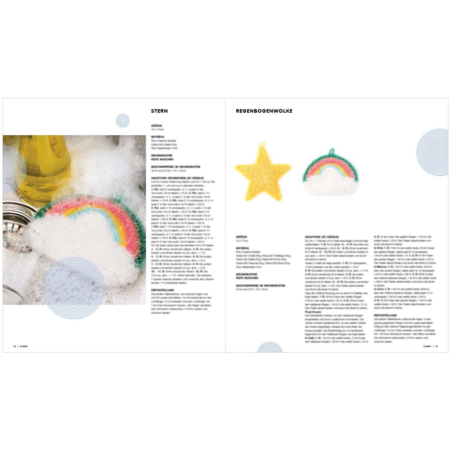 Creative Bubble Funny - Anleitung zum Häkeln von bunten Spülschwämmen in Stern- und Regenbogenform.