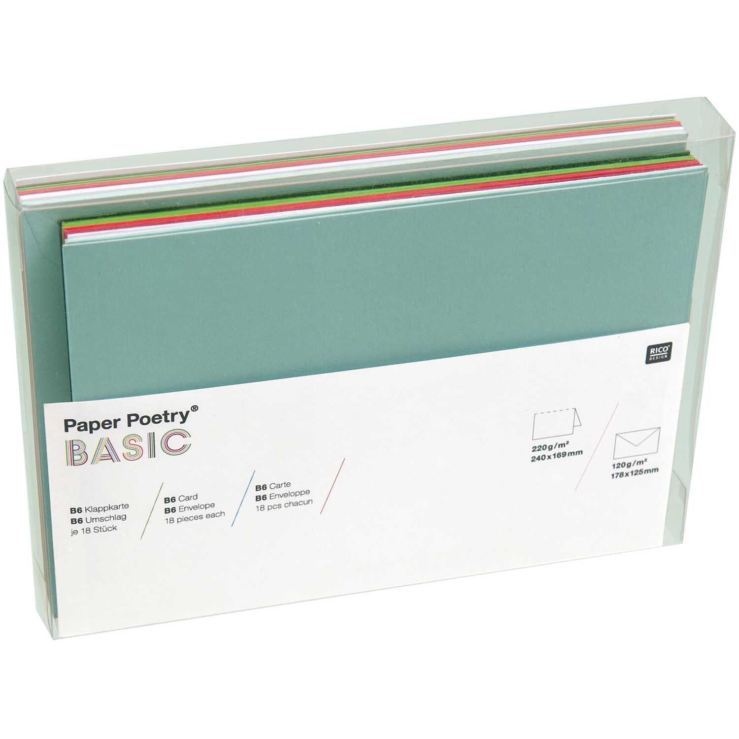 Paper Poetry Kartenset Basic grün-rot B6, 36-teilig, von Rico Design. Zeigt Karten in Grün und Rot in einer Verpackung.