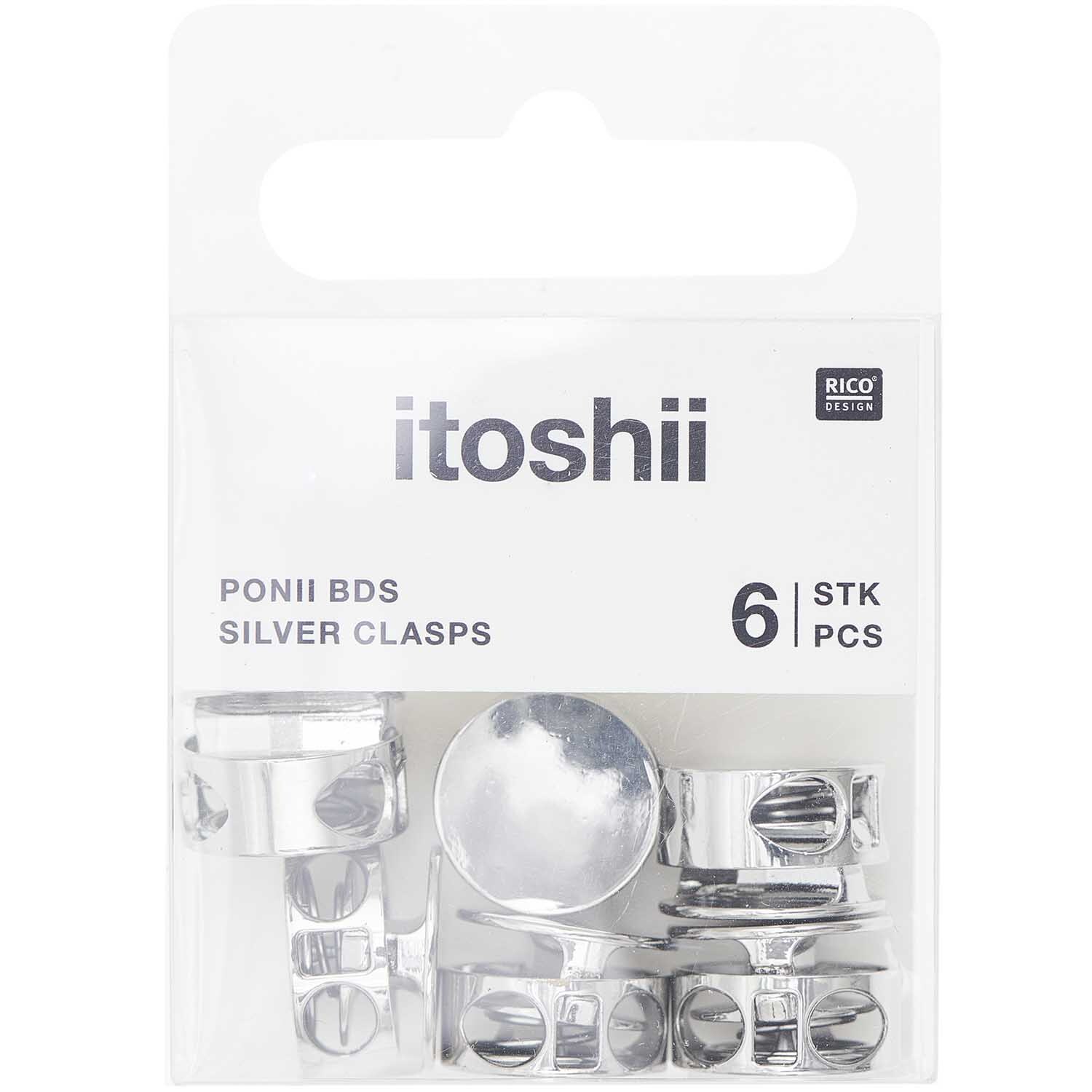 itoshii - Ponii Beads Verschlüsse Metall 14x9mm 6 Stück Farbe Silber von Rico Design Itoshii Ponii Beads Verschlüsse, 6 Stück, in einer transparenten Verpackung von Rico Design.