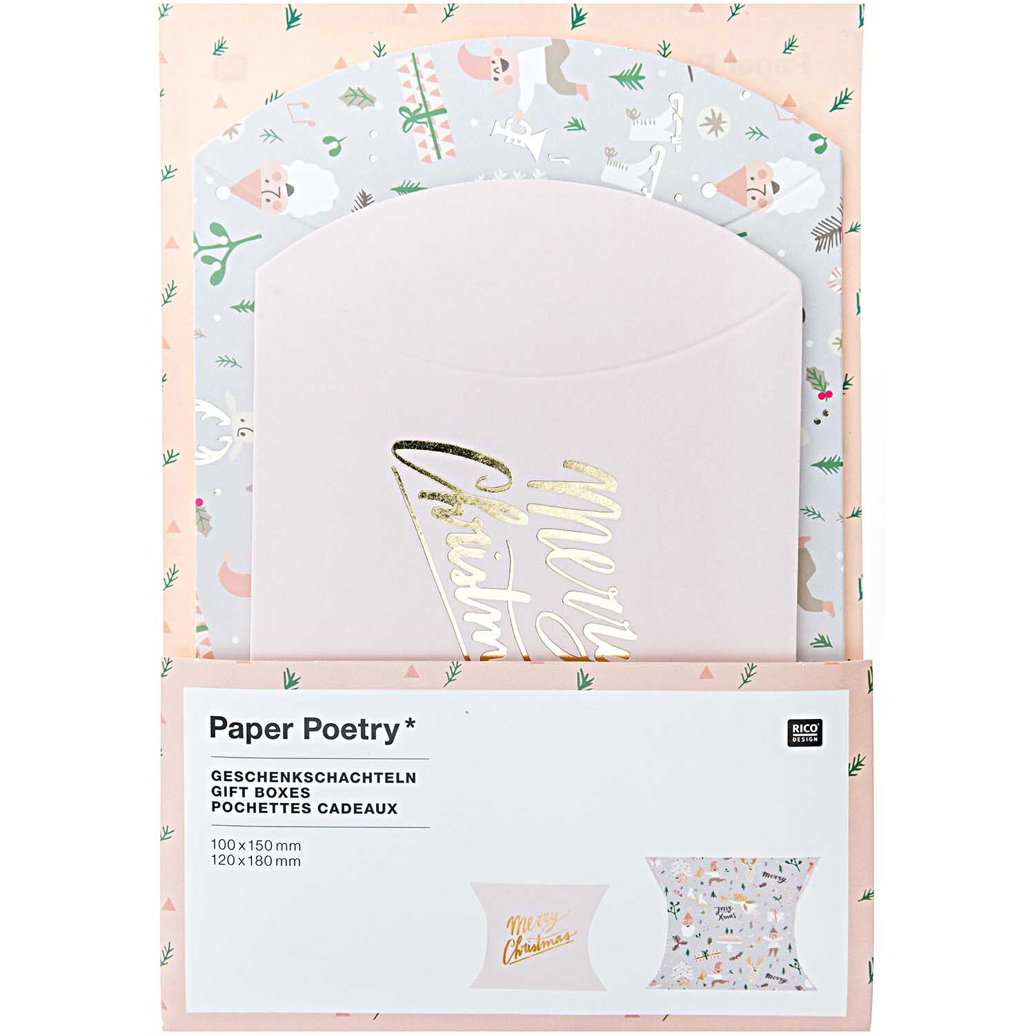 Paper Poetry Geschenkschachteln Jolly Christmas Pastell, 6 Stück, mit festlichem Design in Rosa und Grau, ideal für stilvolle Geschenkverpackungen.