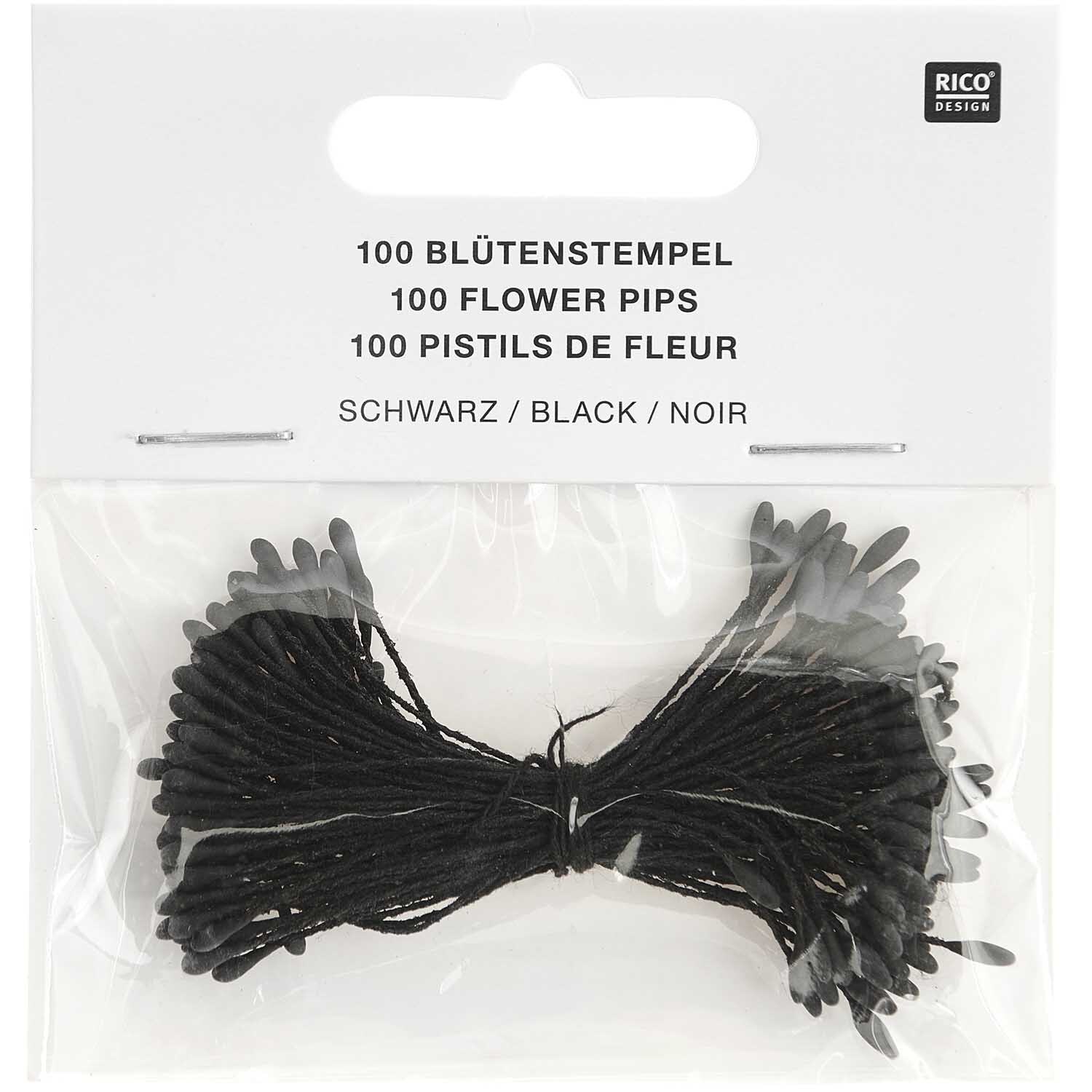 Blütenstempel 6cm 100 Stück Farbe Schwarz von Rico Design Blütenstempel 6cm 100 Stück von Rico Design in Schwarz, verpackt in einer transparenten Tüte.