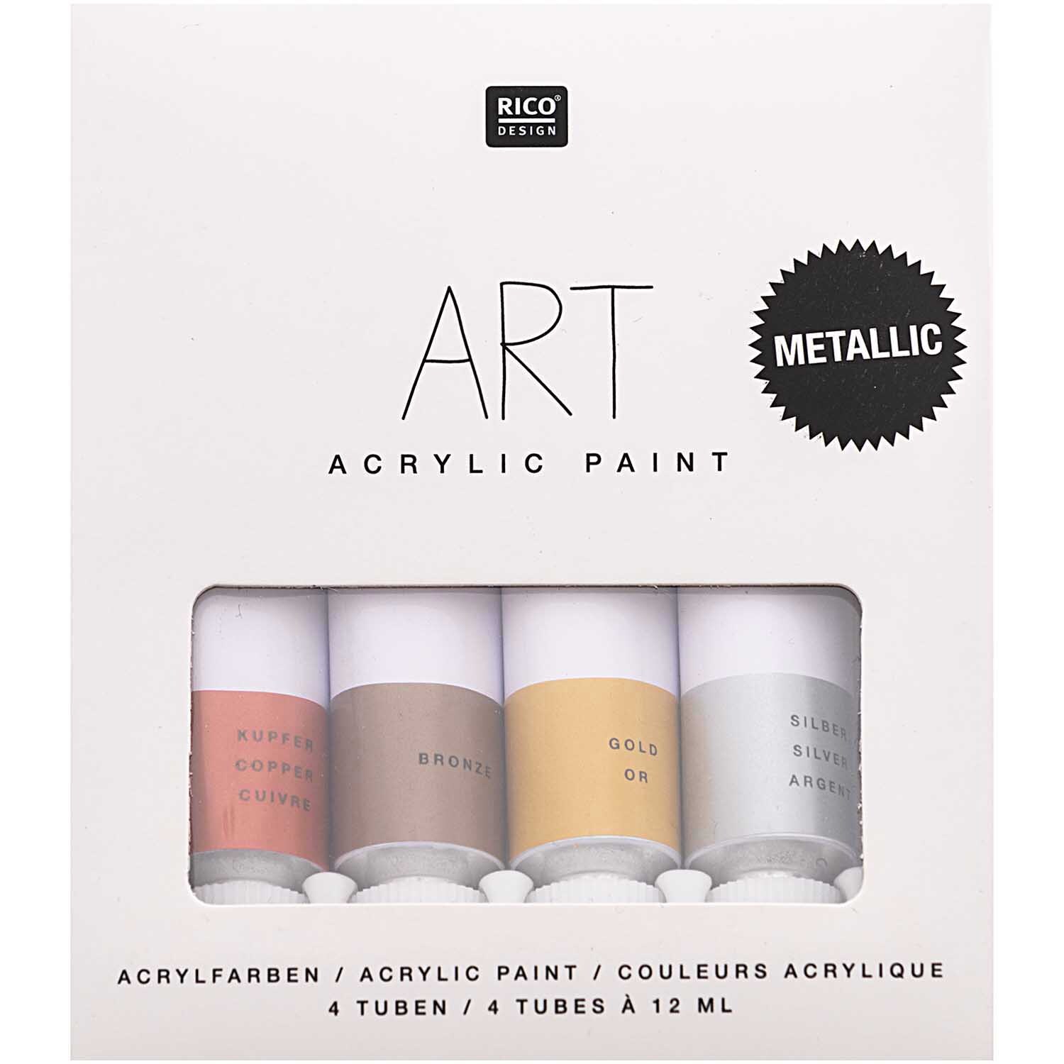 ART Künstler Acrylfarben-Set Celebration Metallic-Farben 4x12ml zeigt vier Tuben in Metallic-Tönen in einer weißen Verpackung von Rico Design.