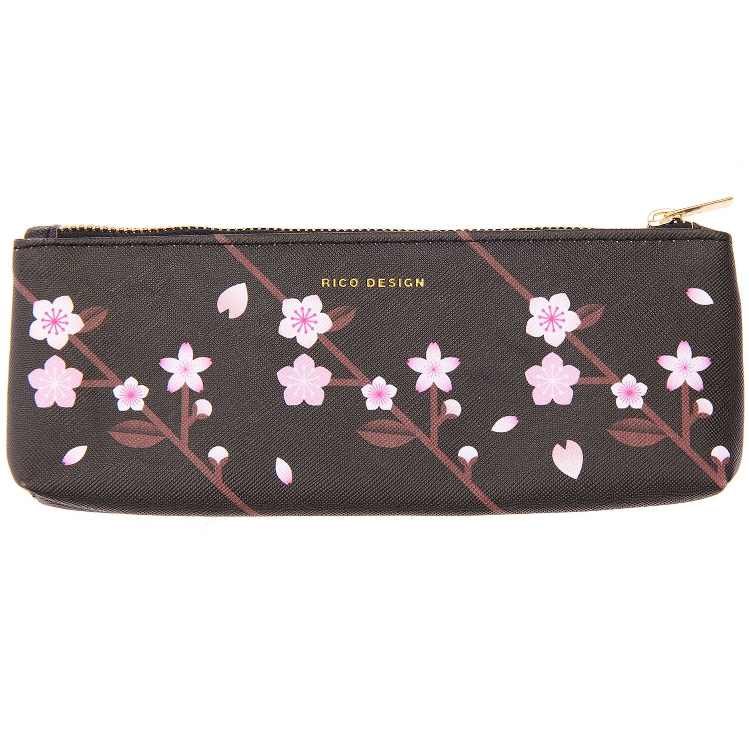 Etui Kirschblüten schwarz 20x6,5cm mit zarten rosa Blütenmuster, ideal für stilvolle Aufbewahrung.