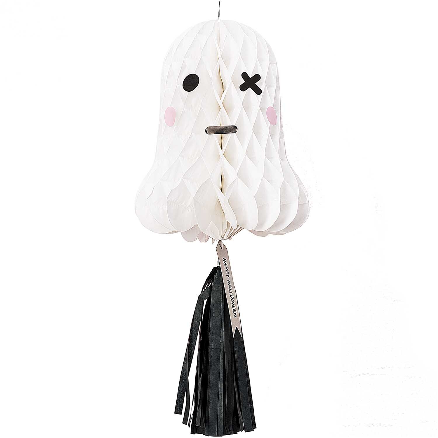 Wabenpapierfigur mit Quaste Gespenst von Rico Design, 24x59cm, in Weiß mit schwarzer Quaste und niedlichem Gesicht.