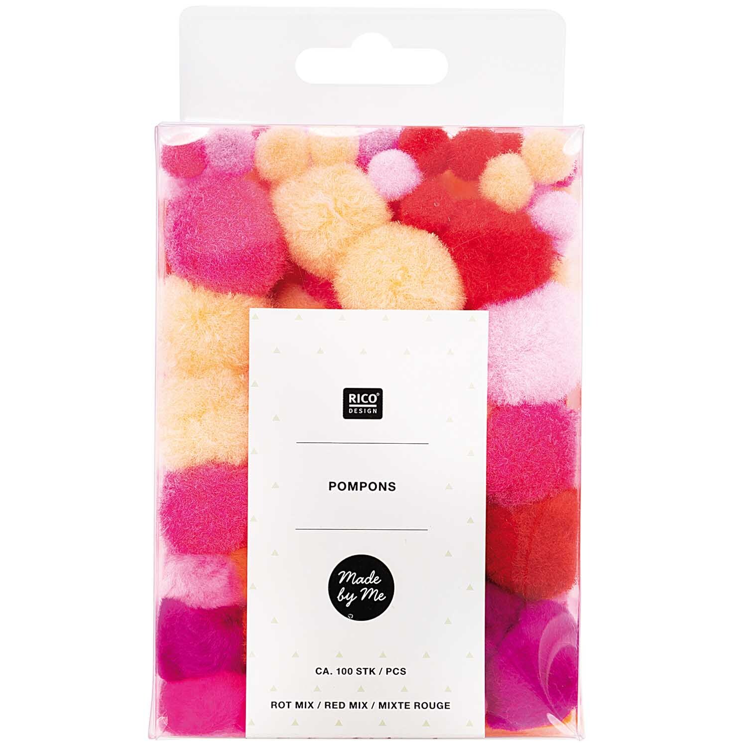 Pompons 8mm 20mm ca. 100 Stück Farbe Rot Mix von Rico Design Pompons 8mm 20mm ca. 100 Stück in verschiedenen Rottönen von Rico Design in einer transparenten Verpackung.