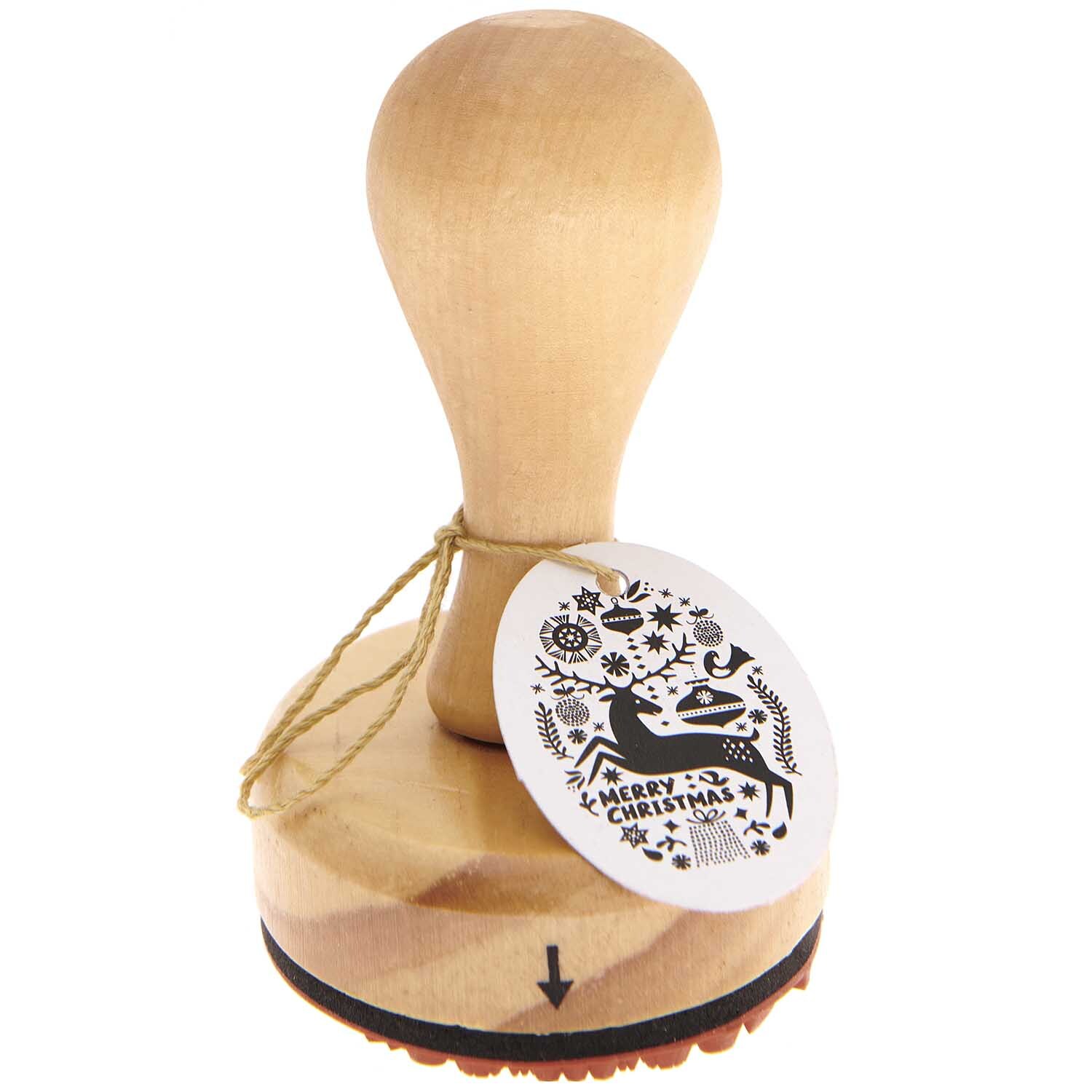 Stempel Merry X-MAS 5x7cm oval von Rico Design, aus Holz mit weihnachtlichem Motiv und Etikett.