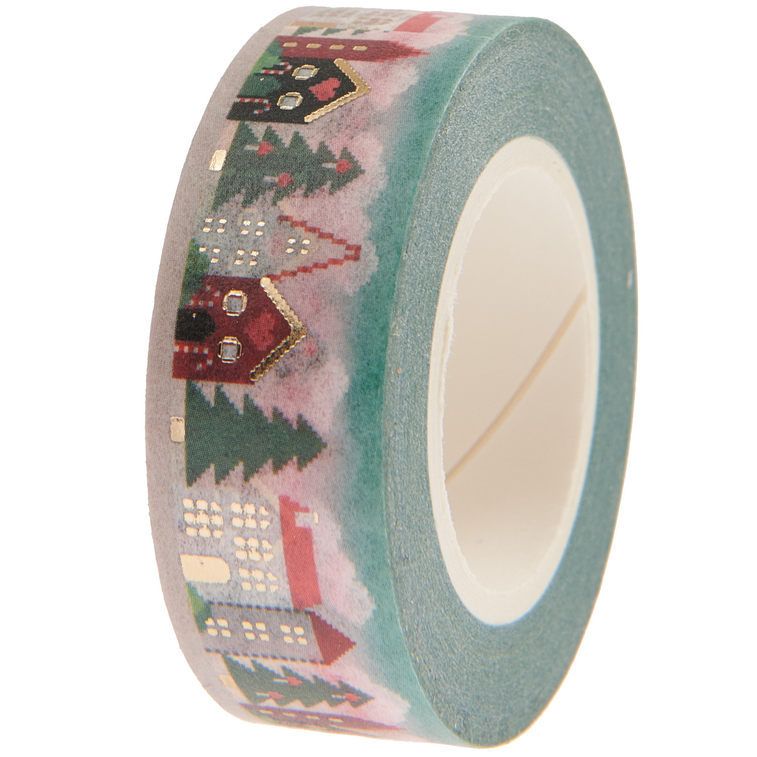 Paper Poetry Tape Put a Bow on It Häuser zeigt bunte Häuser und Bäume auf einem dekorativen Klebeband von Rico Design.