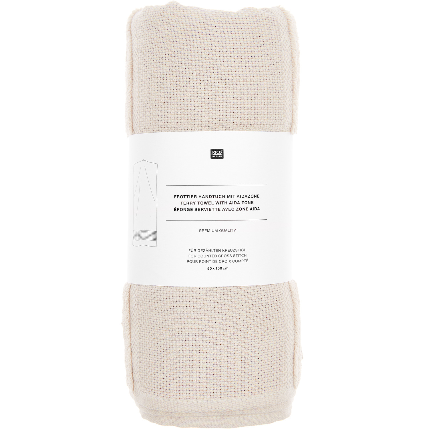 Serviette de bain 50x100cm, GOTS Couleur Beige clair from Rico Design Handtuch, 50x100cm, GOTS-zertifiziert, hellbeige, von Rico Design, aufgerollt mit Etikett.