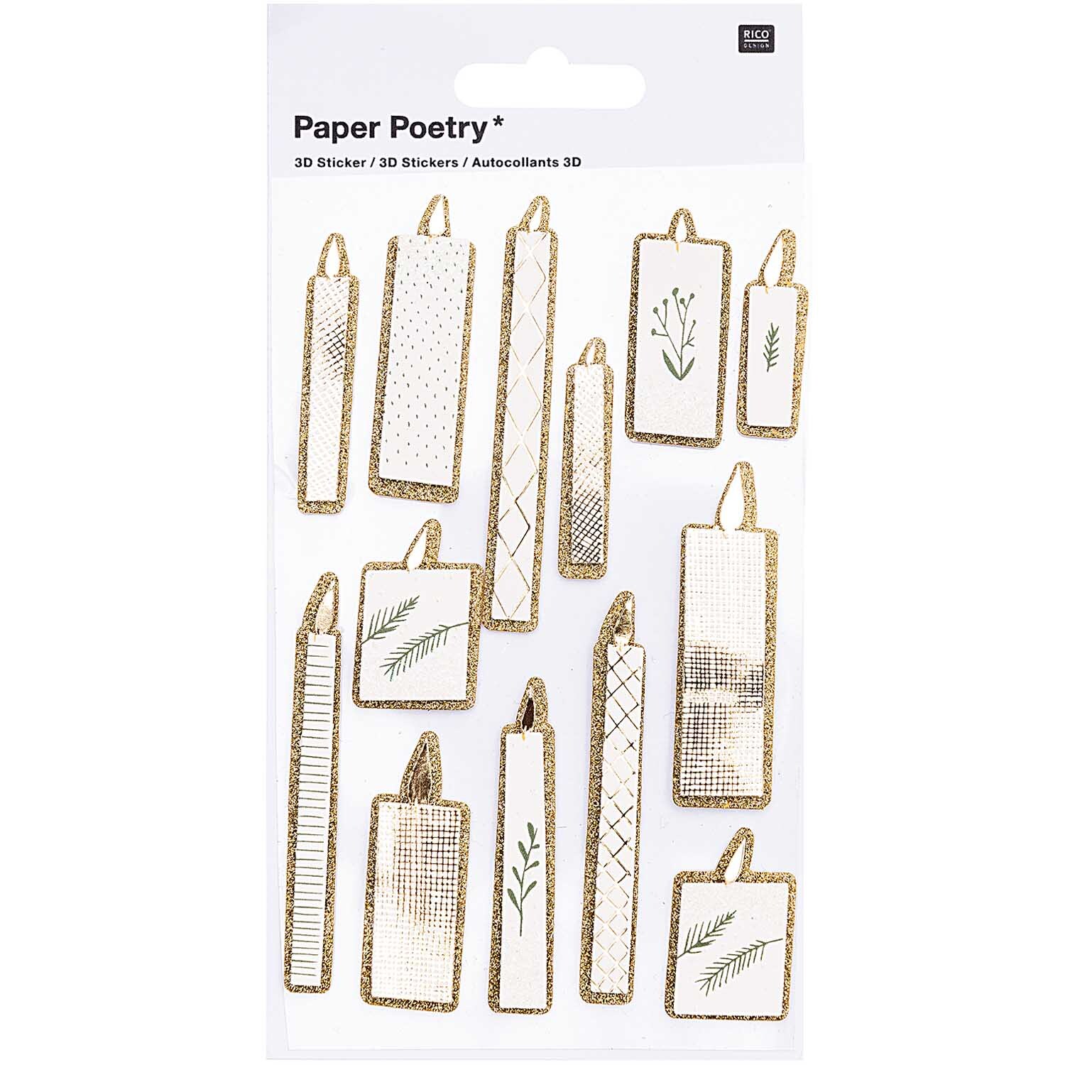 Paper Poetry 3D Sticker Kerzen von Rico Design Paper Poetry 3D Sticker Kerzen zeigen elegante, mehrfarbige Kerzenmotive von Rico Design auf weißem Hintergrund.