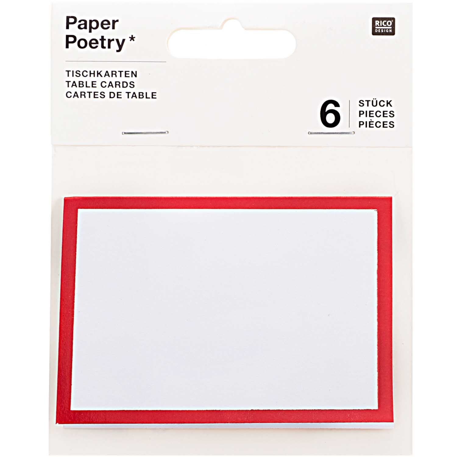 Paper Poetry Tischkarten mit rotem Rand, 6 Stück von Rico Design, ideal für elegante Tischdekorationen.