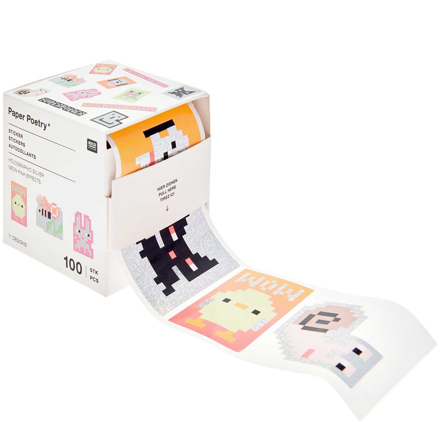 Paper Poetry Sticker Pixel auf der Rolle von Rico Design zeigt bunte Pixelmotive auf einer Rolle mit 100 Stickern, ideal für kreative Projekte.