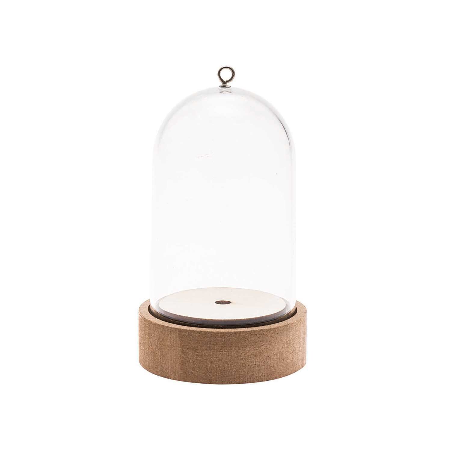 Dekohaube mit Sockel von Rico Design, ideal zur Präsentation kleiner Objekte, transparentes Glas mit Holzsockel.