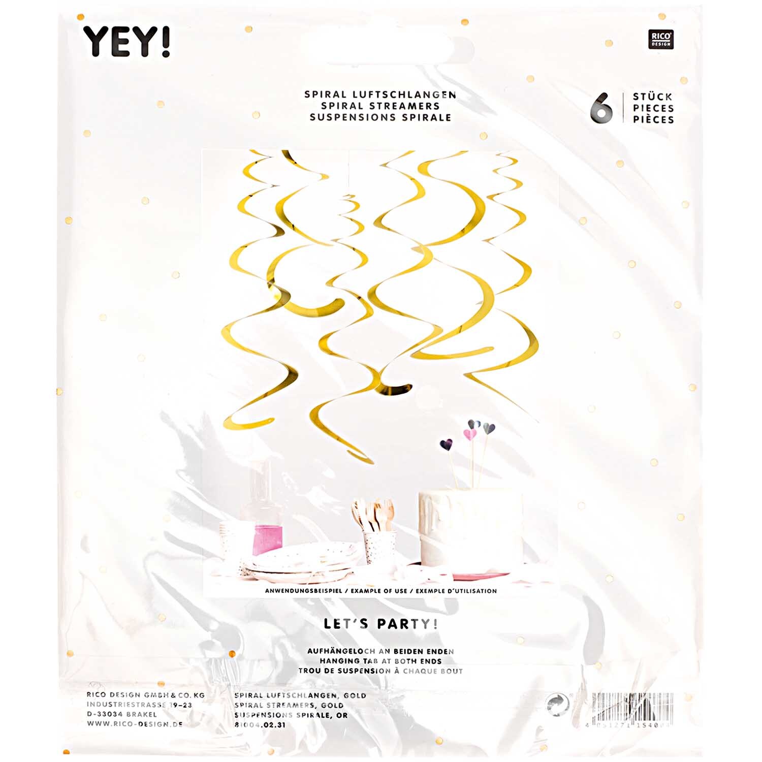 Spiral streamers 50cm 6 pieces colour Gold from Rico Design Spiralluftschlangen 50cm 6 Stück von Rico Design in Gold, dekorativ für Partys und Feiern.