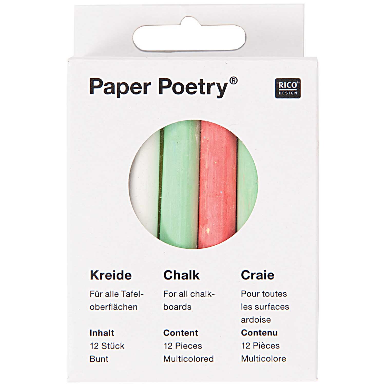 Paper Poetry Kreide mehrfarbig 12 Stück in einer weißen Verpackung mit Sichtfenster, Marke Rico Design.