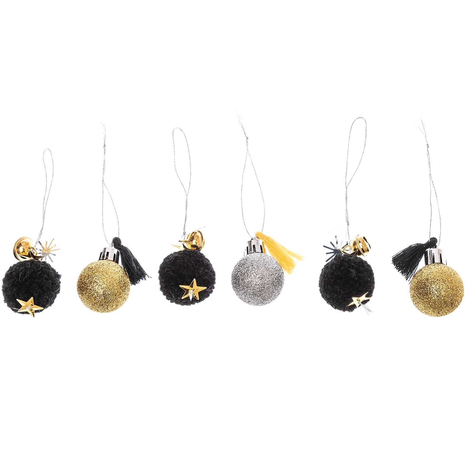 Pompon- und Kugel-Anhänger gold-silber 6 Stück von Rico Design: Sechs elegante Anhänger in Schwarz, Gold und Silber mit dekorativen Sternen und Quasten.