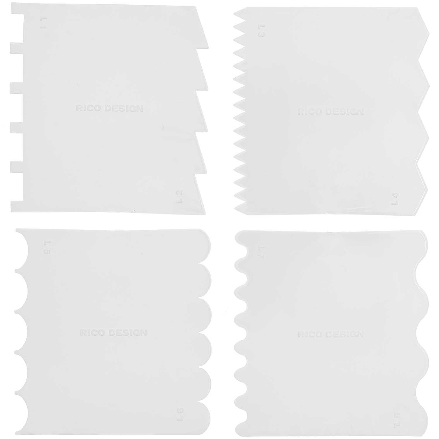 Effektspachtel Set grob 4 Stück von Rico Design, bestehend aus vier weißen Spachteln mit unterschiedlichen Kantenformen.