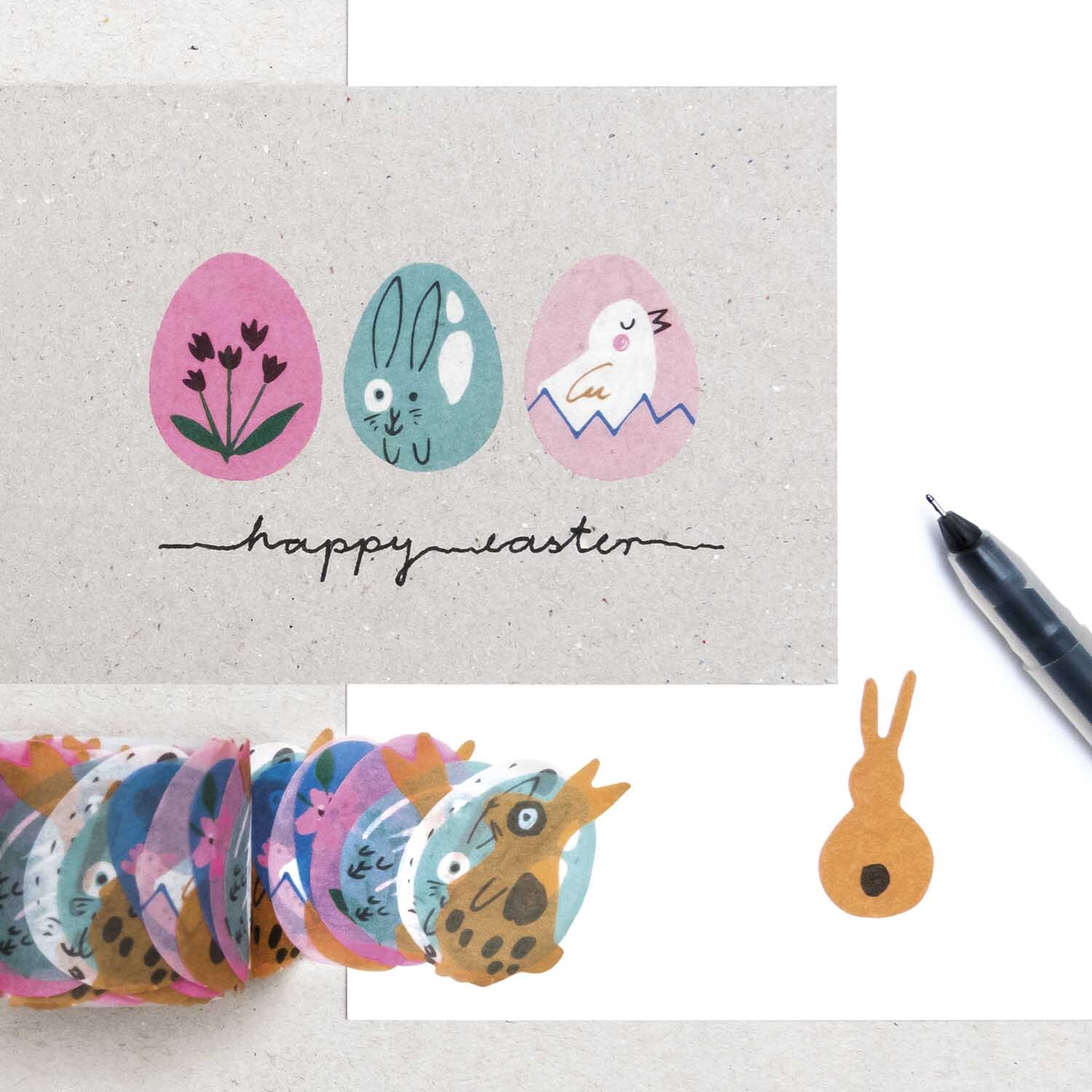 Washi Sticker Hase & Eier 200 Stück von Rico Design Washi Sticker Hase & Eier 200 Stück von Rico Design mit bunten Ostereiern und Hasenmotiven auf einer Karte.