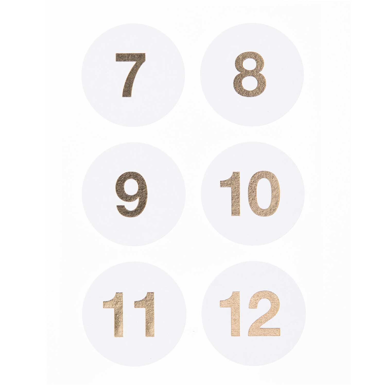 Paper Poetry Adventskalender Sticker zeigen goldene Zahlen 7 bis 12 auf weißen Kreisen. Ideal für kreative Kalenderprojekte.