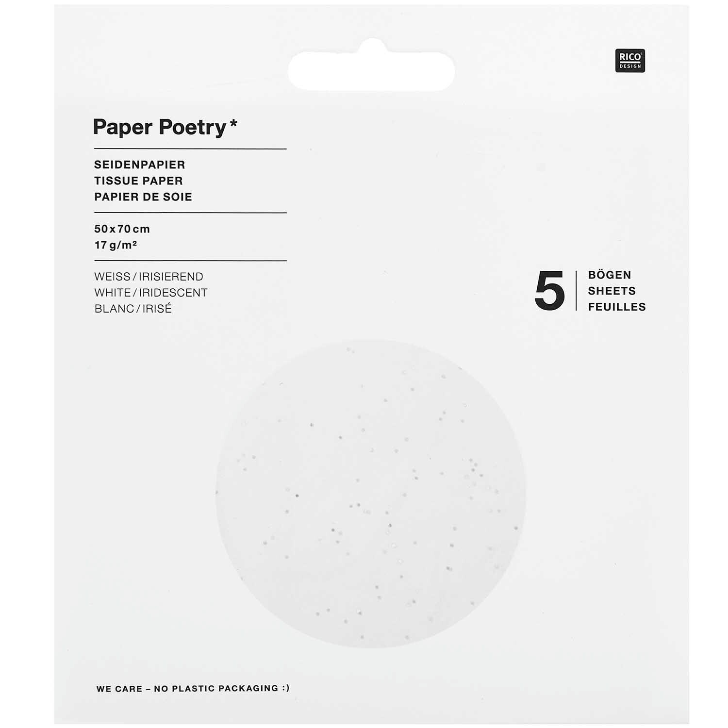 Paper Poetry Seidenpapier Punkte 50x70cm 17g/m² 5 Bogen Farbe Weiß Irisierend von Rico Design Paper Poetry Seidenpapier mit irisierenden Punkten, 50x70cm, 5 Bogen, von Rico Design.