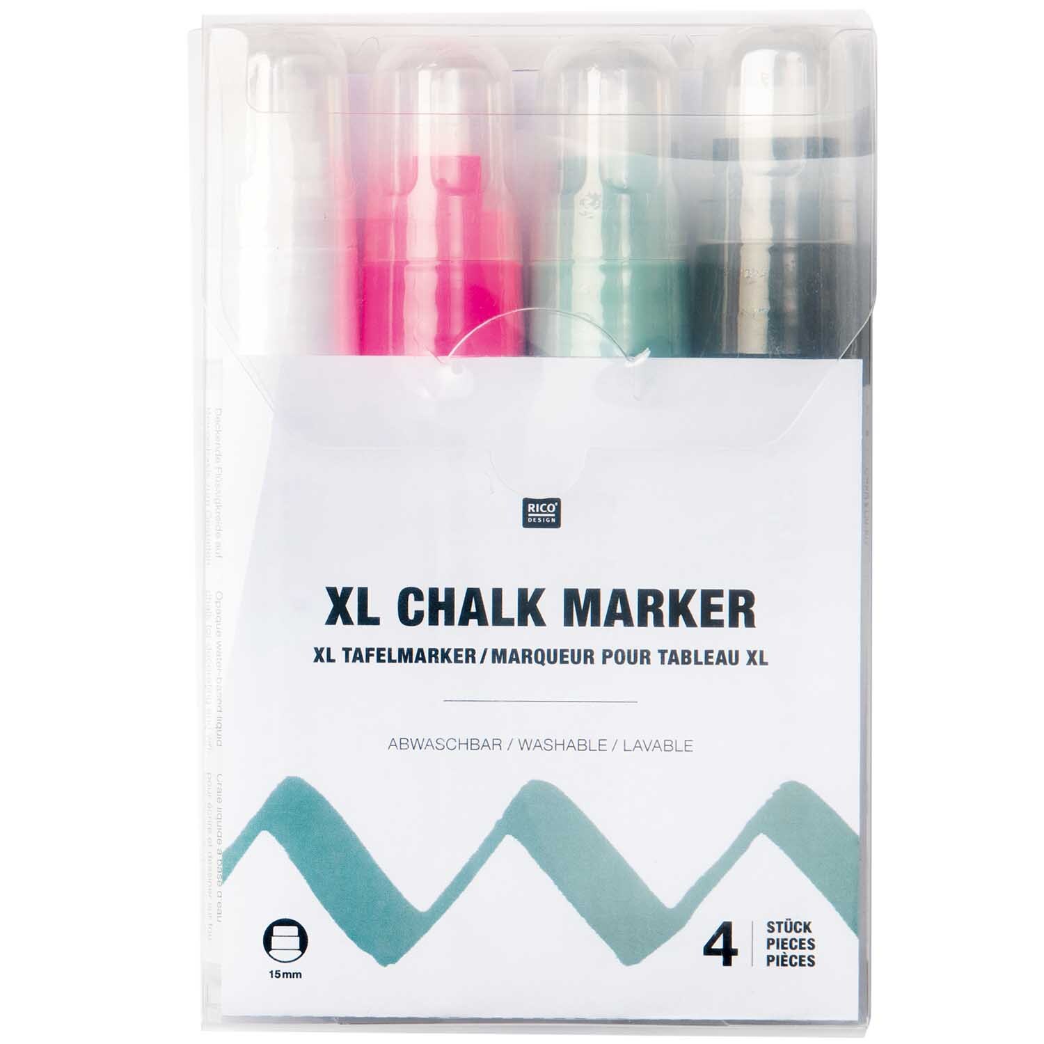 XL-Kreidestift Flüssigkreide Set mit 15mm Spitze, 25g, in vier leuchtenden Farben von Rico Design.