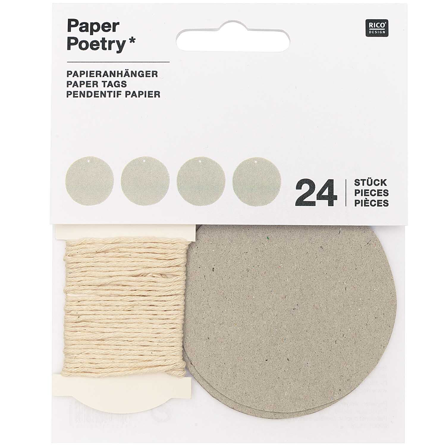 Paper Poetry Papieranhänger rund 6,3cm 24 Stück Farbe Graukarton von Rico Design Paper Poetry Papieranhänger rund, 24 Stück aus Graukarton, ideal für kreative Bastelprojekte. Enthält runde Anhänger und Schnur von Rico Design.
