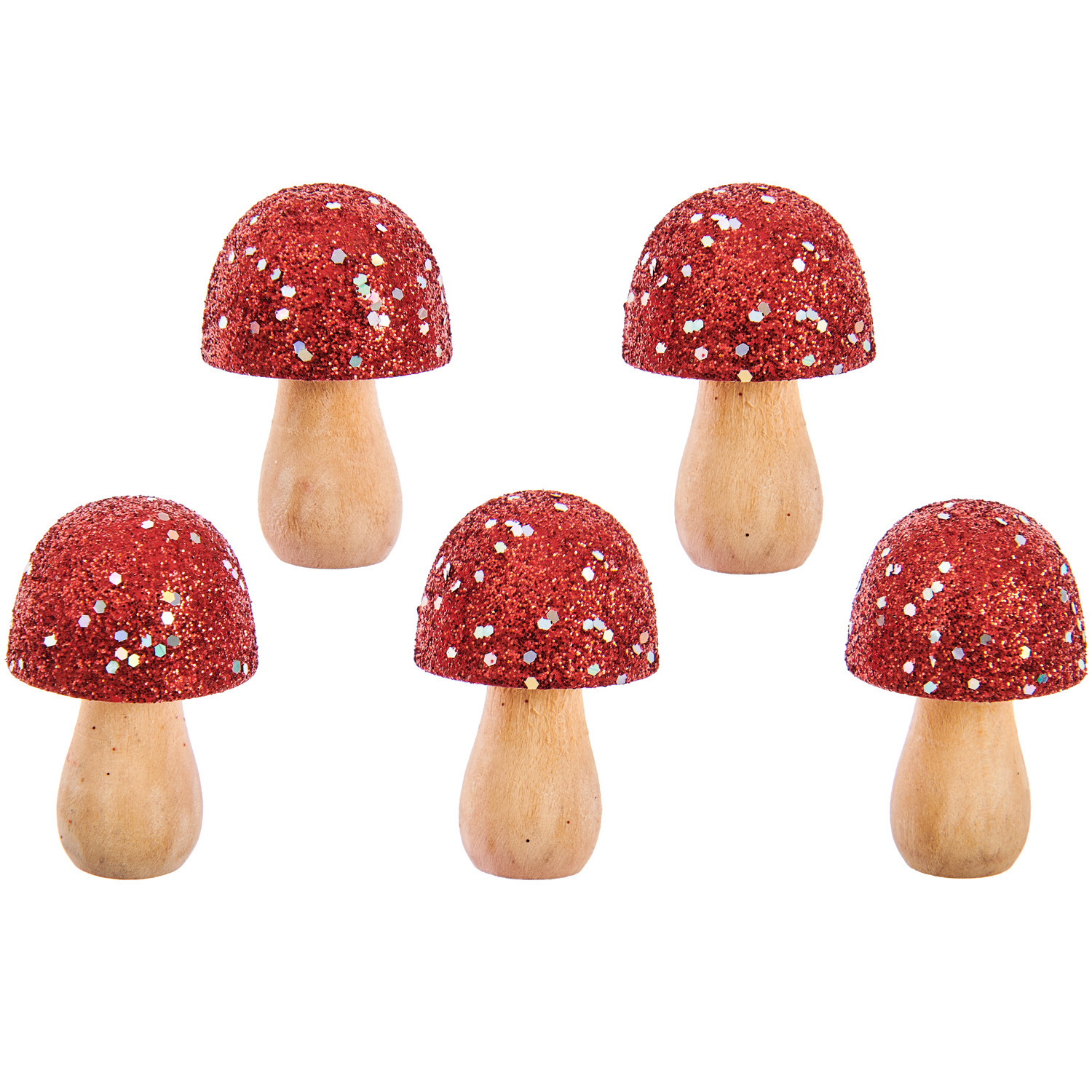 Kleine Holz Pilze Glitter/Irisierend 5 Stück, 3,5x2,4cm Farbe Rot von Rico Design Kleine Holz Pilze Glitter/Irisierend, 5 Stück, 3,5x2,4cm. Rote, glitzernde Deko-Pilze von Rico Design auf weißem Hintergrund.