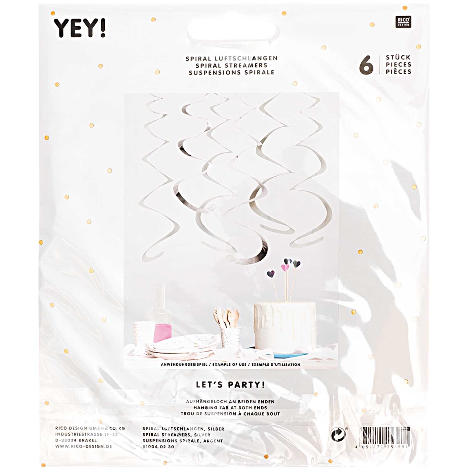 Spiralluftschlangen 50cm 6 Stück Farbe Silber von Rico Design Spiralluftschlangen 50cm 6 Stück, dekorative silberne Spiralen von Rico Design, ideal für Partys.