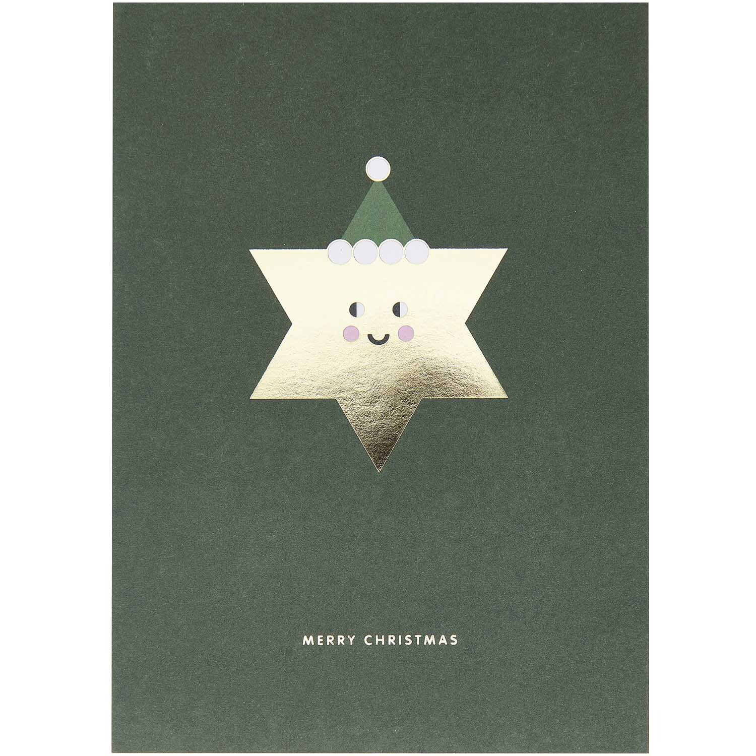 Paper Poetry Postkartenblock I love Christmas 10 Stück von Rico Design Paper Poetry Postkartenblock I love Christmas 10 Stück zeigt eine goldene Sternfigur mit Weihnachtsmütze auf dunkelgrünem Hintergrund.