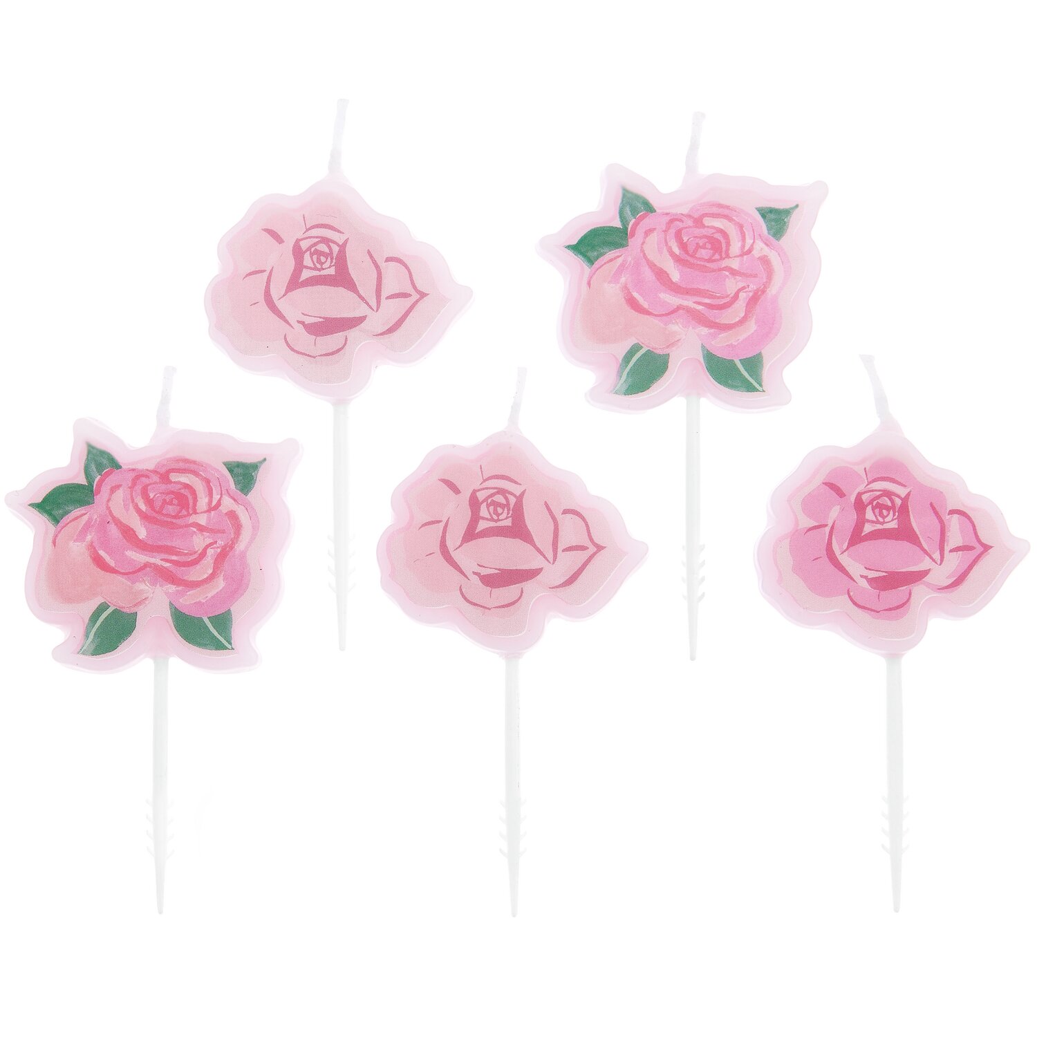 Kuchenkerzen Rosen: Fünf rosa Kerzen in Rosenform von Rico Design, ideal für festliche Anlässe.