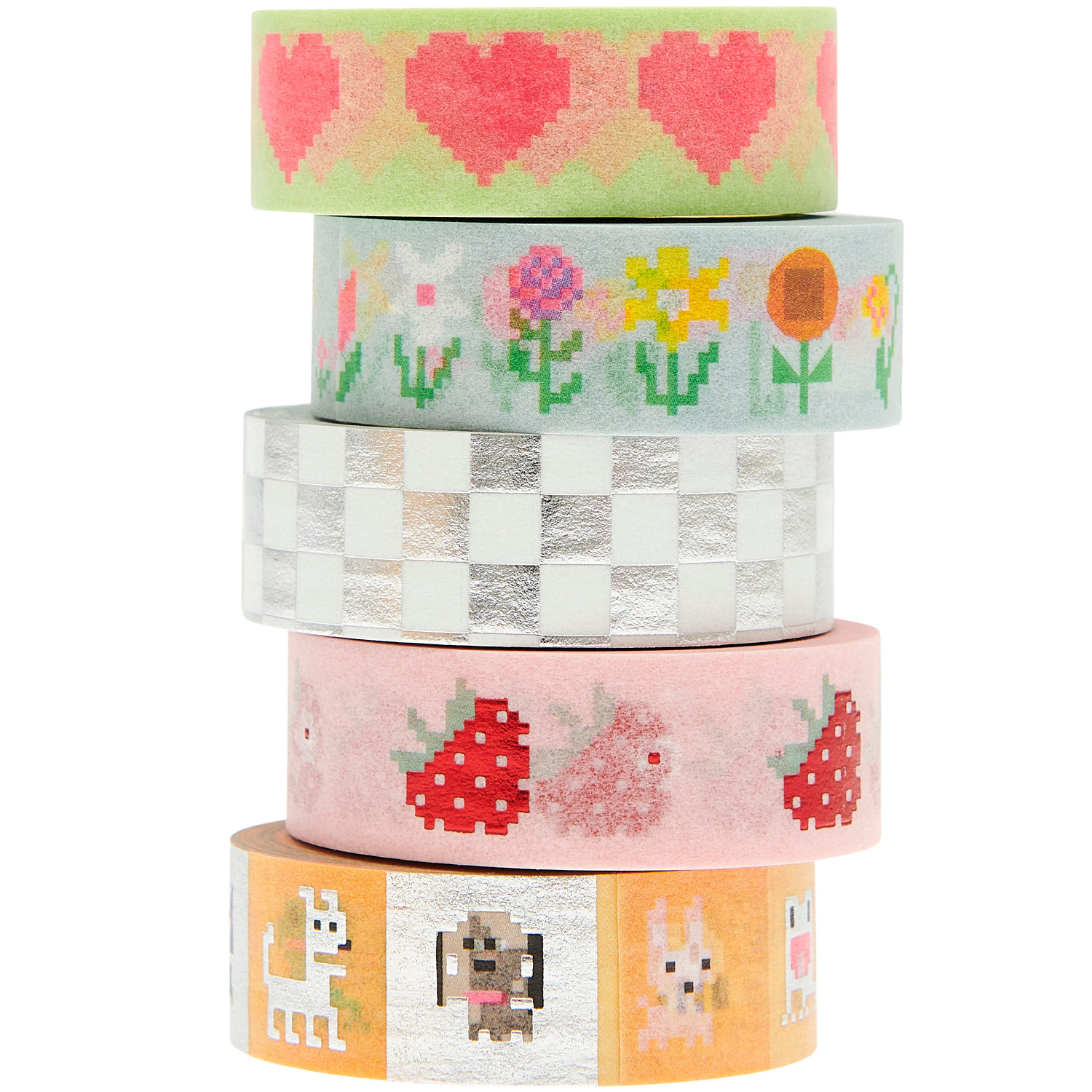 Paper Poetry Tape Set Futschikato Pixel, 5 bunte Rollen mit Herz-, Blumen- und Tiermotiven, 1,5cm x 10m, ideal für kreative Bastelprojekte.