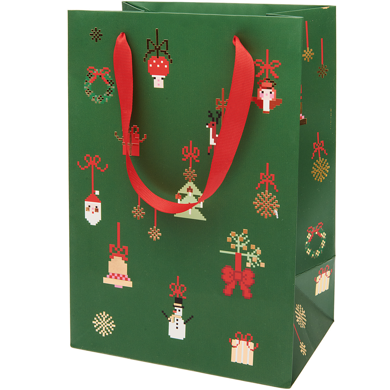 Geschenktüte Weihnachtsbaumschmuck M mit roten Griffen und weihnachtlichen Motiven auf grünem Hintergrund von Rico Design.