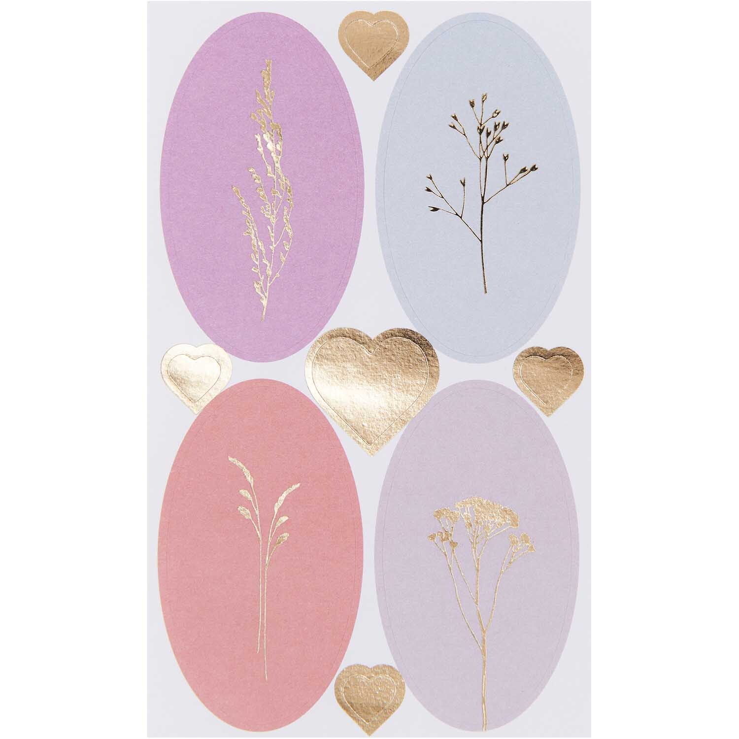 Paper Poetry Sticker Gräser pastell 4 Blatt mit zarten Gräsermotiven in Pastellfarben und goldenen Herzakzenten von Rico Design.