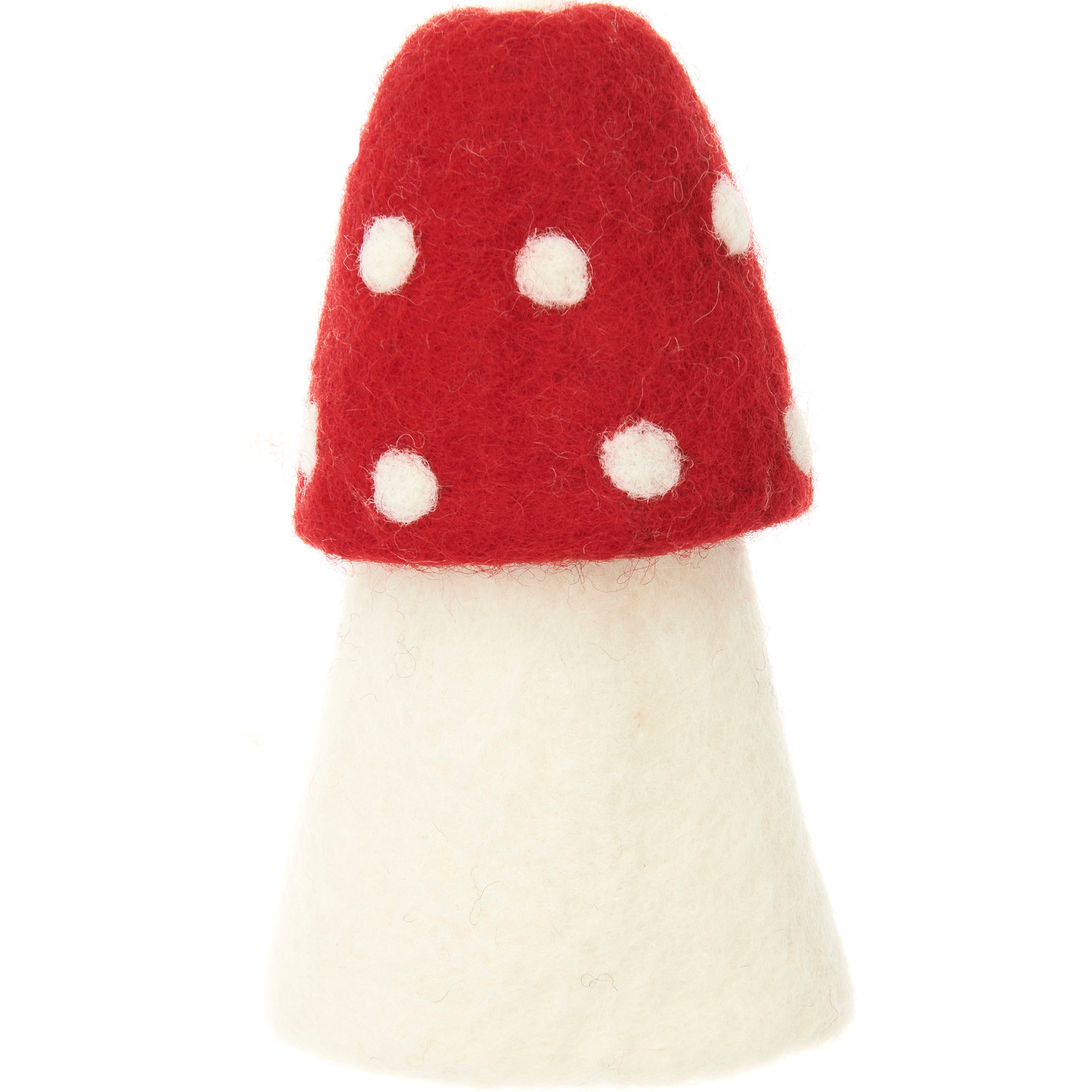 Pilz-Eierwärmer aus Filz in Rot mit weißen Punkten, von Rico Design, in Form eines Fliegenpilzes.