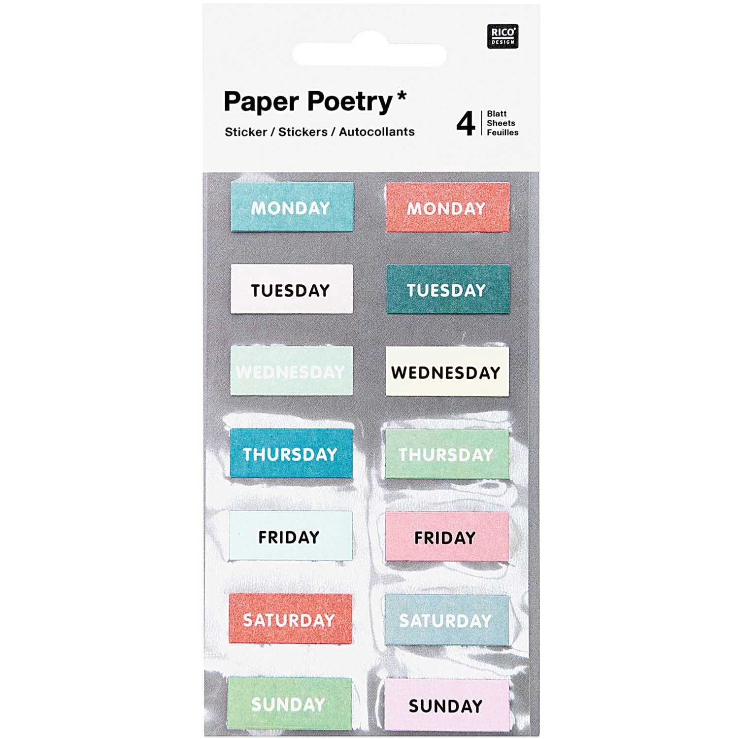 Paper Poetry Sticker Wochentage in verschiedenen Farben auf einem Blatt, ideal für Planer und Kalender.