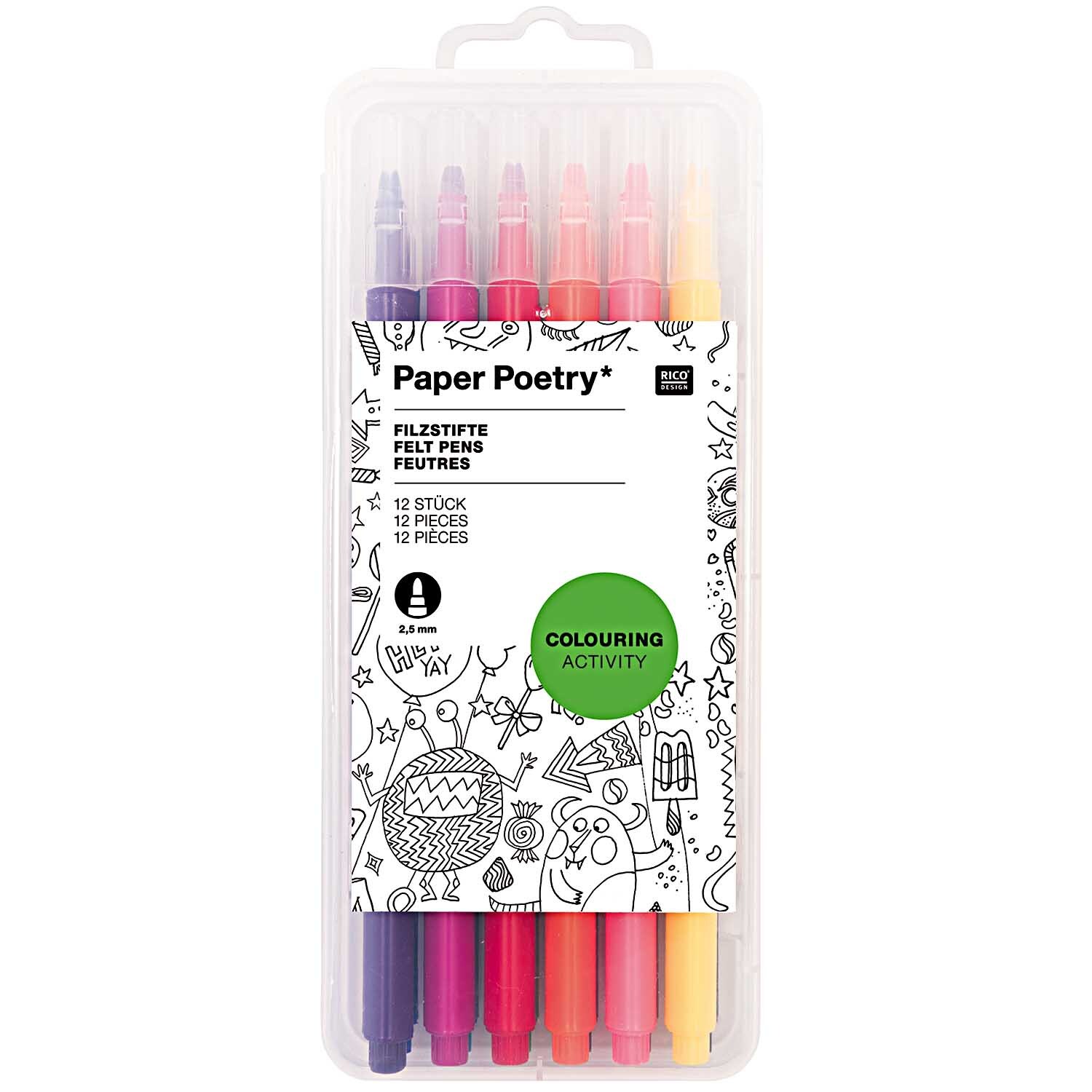 Paper Poetry Filzstifte 2,5mm 12 Stück in einer transparenten Verpackung, ideal zum Malen und Zeichnen. Enthält bunte Stifte von Rico Design.