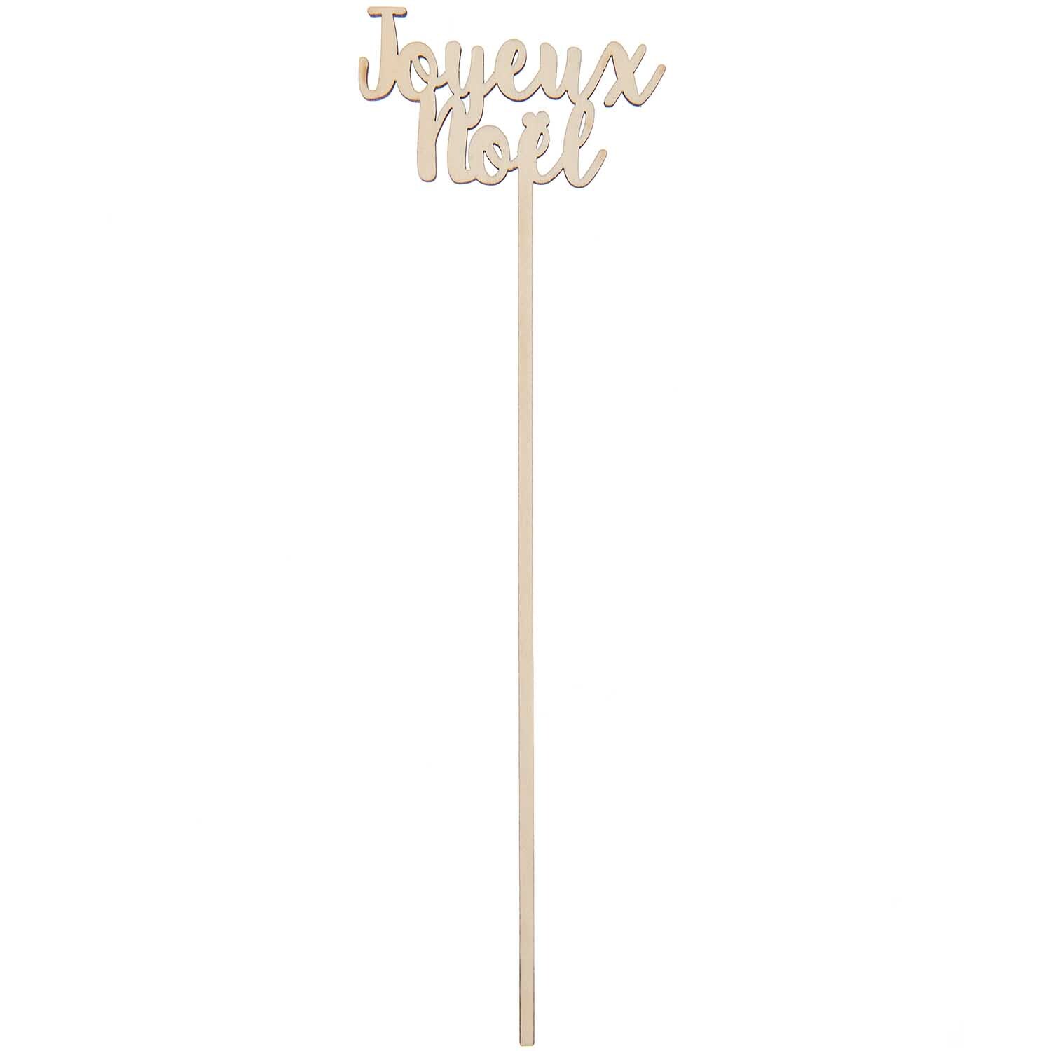 Holzpicker Joyeux Noel 25,3x6,5cm von Rico Design zeigt einen eleganten, naturfarbenen Schriftzug auf einem langen Stab.