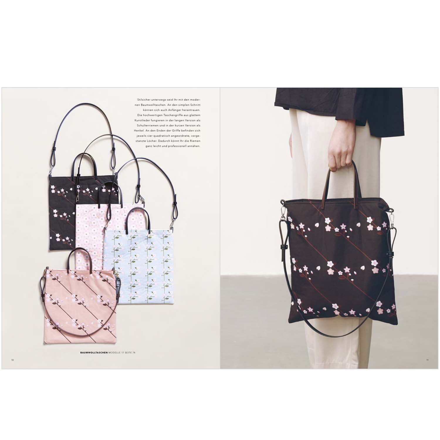 Das kleine Rico Nähbuch No. 12 Sakura Sakura von Rico Design Das Rico Nähbuch Sakura Sakura zeigt Taschen mit Kirschblütenmuster in verschiedenen Farben.