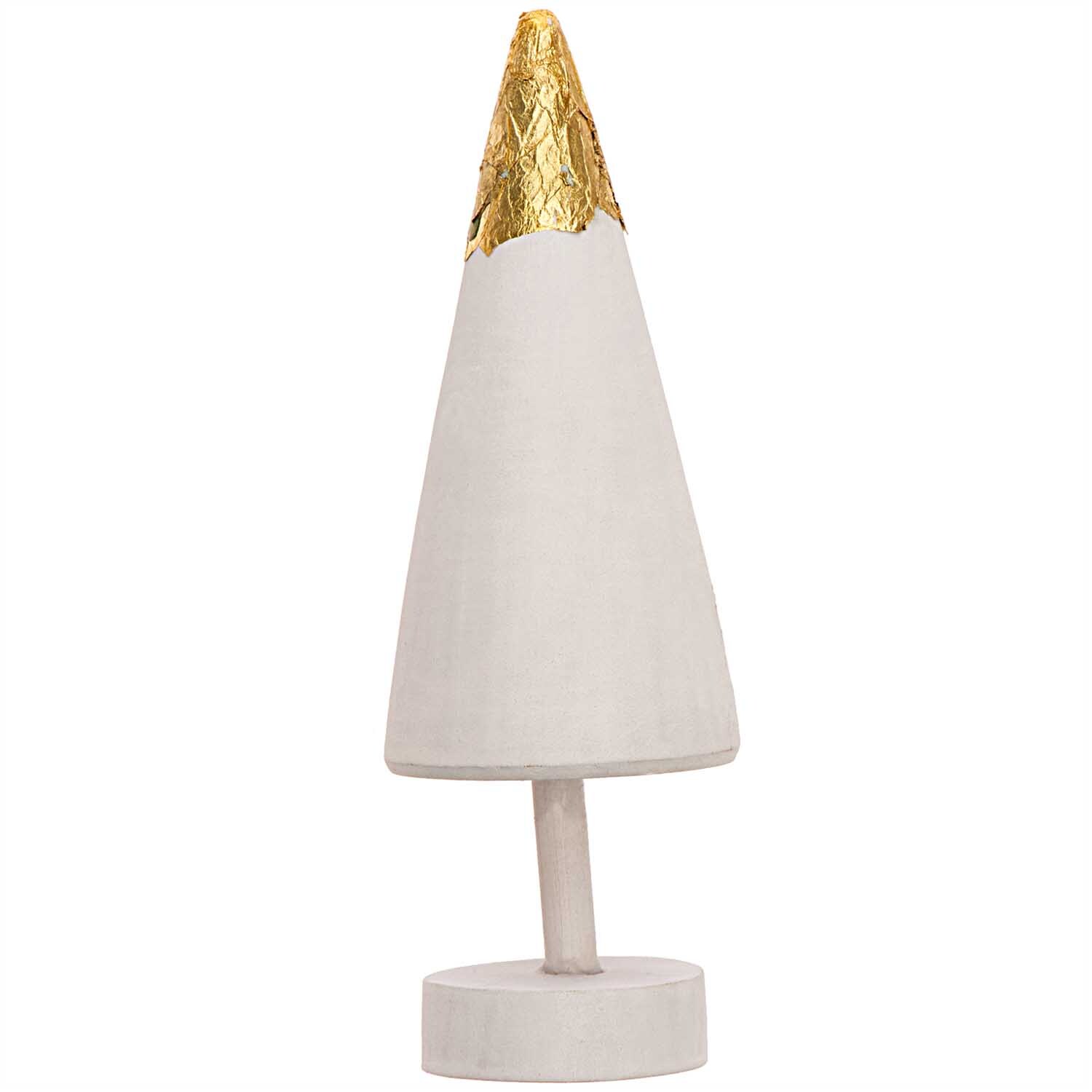 Holztanne weiß-gold 3x10cm von Rico Design. Elegante weiße Holztanne mit goldener Spitze auf schwarzem Hintergrund.