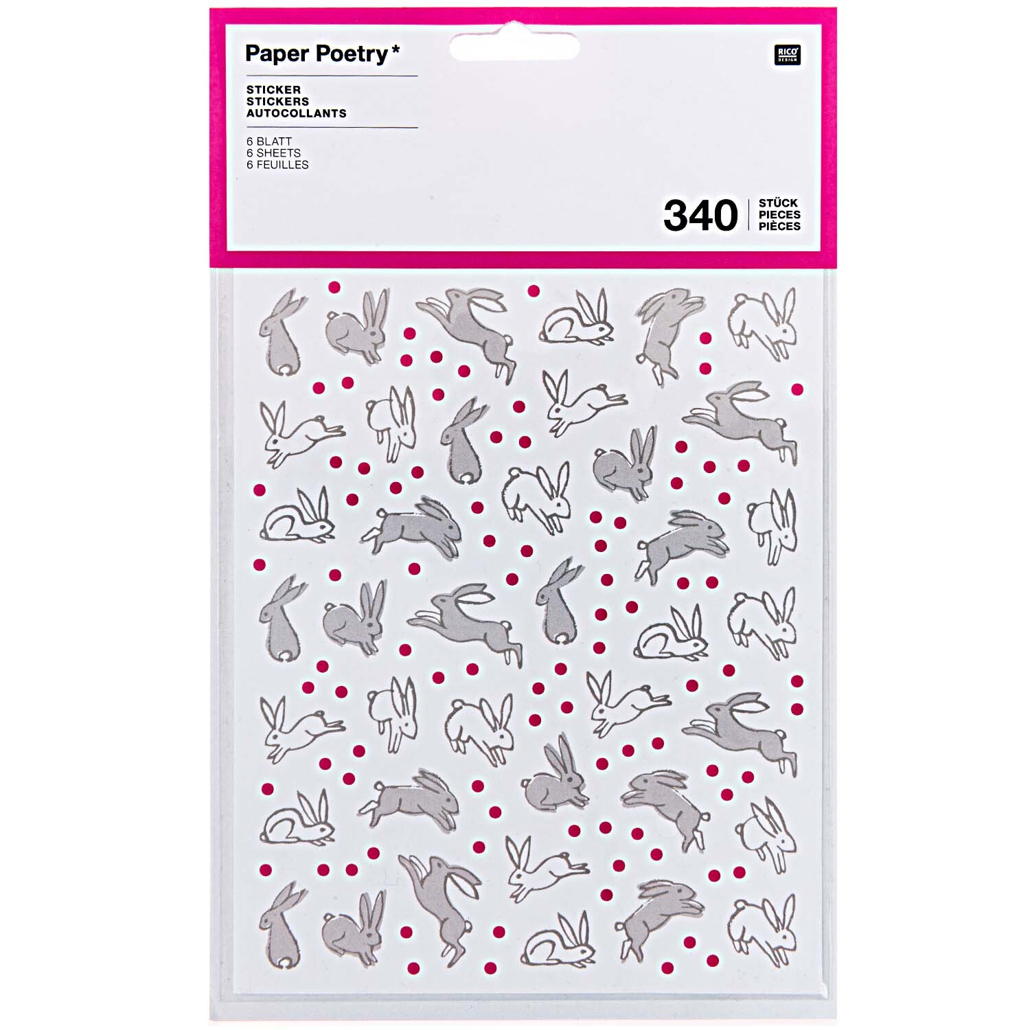 Paper Poetry Sticker Hasen 6 Blatt zeigt niedliche Hasensticker in verschiedenen Posen auf weißem Hintergrund. Ideal für kreative Projekte.