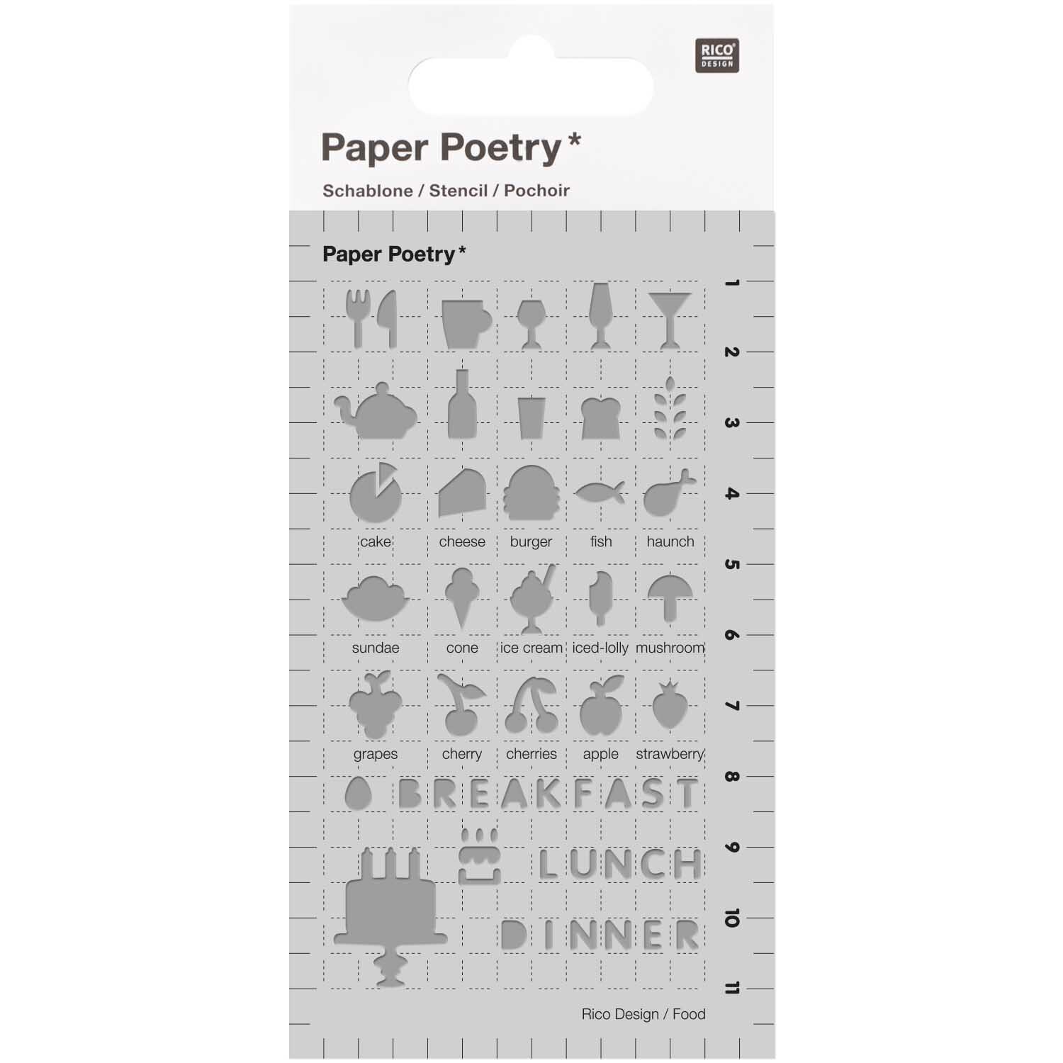 Paper Poetry Bullet Diary Schablone Food 7x12cm zeigt transparente Symbole für Mahlzeiten und Lebensmittel. Ideal für kreative Designs.