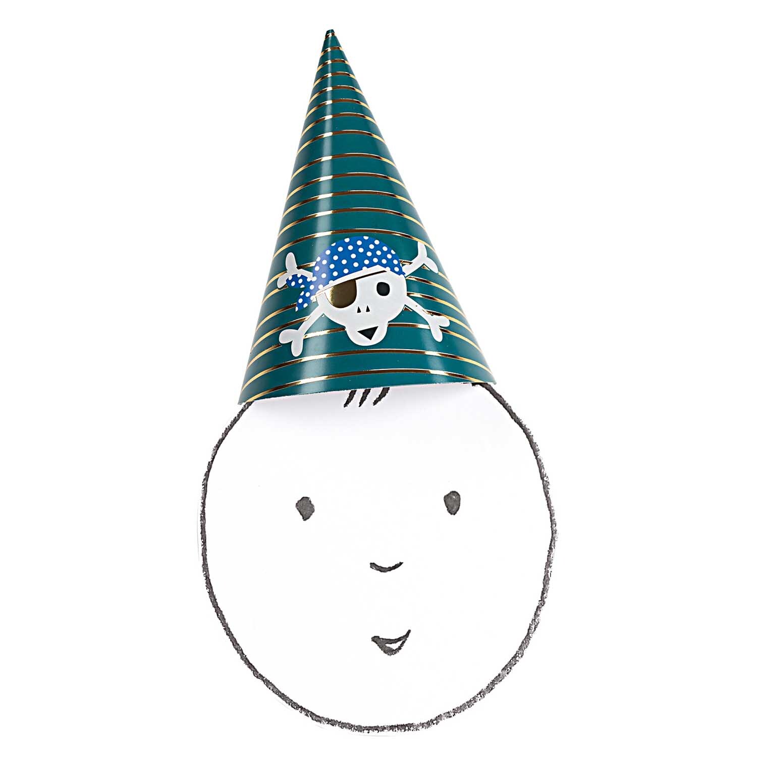 Partyhüte Pirat 20cm 8 Stück von Rico Design Partyhüte Pirat 20cm 8 Stück von Rico Design: Bunter Hut mit Totenkopf-Motiv auf weißem Hintergrund.