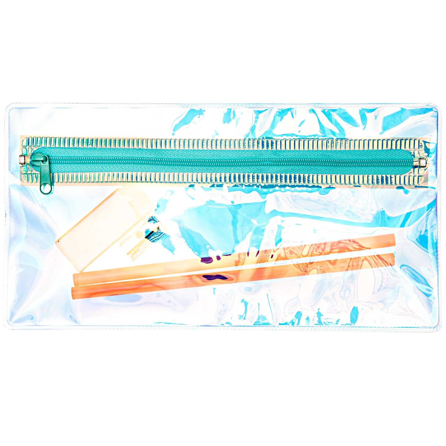 Paper Poetry Etuiset holographisch 12,5x24 zeigt ein transparentes Etui mit Reißverschluss und buntem Inhalt. Ideal für Schreibwaren.