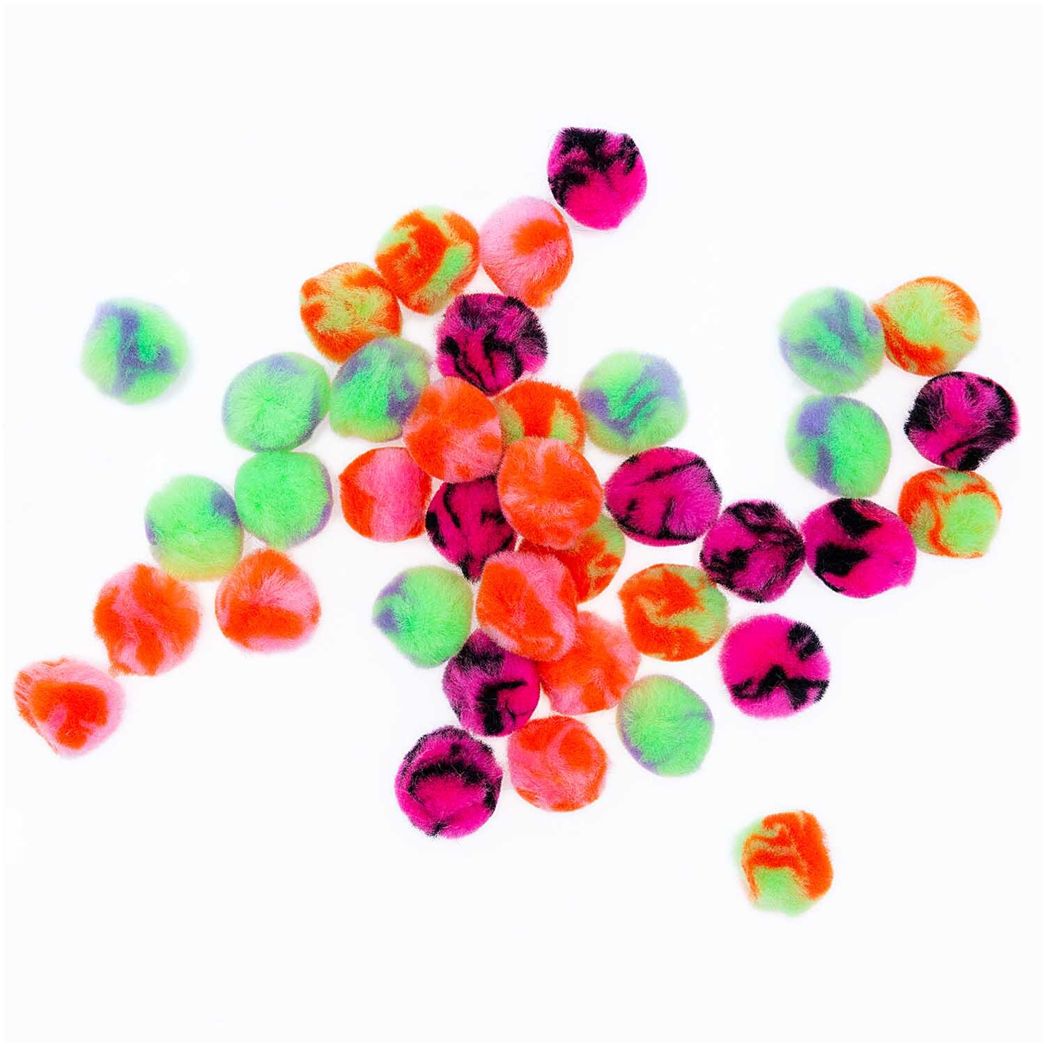 Pompons Acid Leo 25mm 40 Stück Farbe Neon-Pastel von Rico Design Pompons Acid Leo 25mm 40 Stück in leuchtenden Neon-Pastellfarben von Rico Design, verstreut auf weißem Hintergrund.